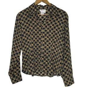 Tess Black Gold Ancient Greek Button Vintage Long Sleeve Blouse 12 Women